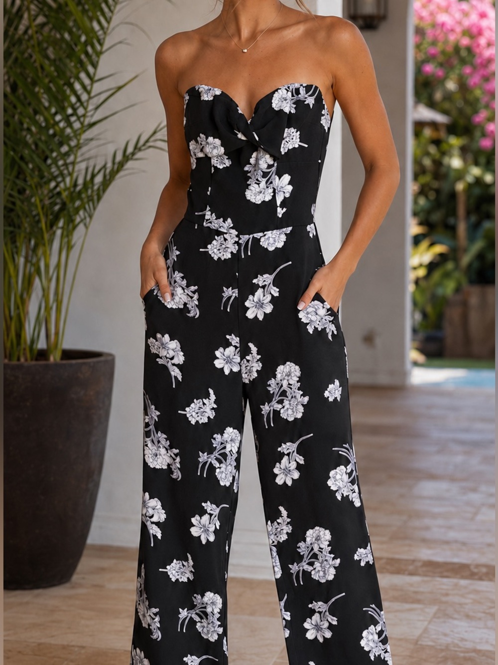 Miss Selfridge Black Strapless Floral Wide-Leg Jumpsuit